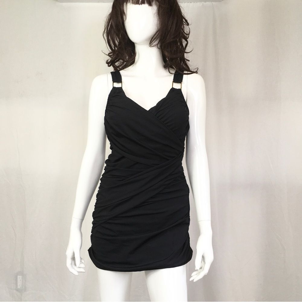 NEW SPANX Whittle Waistline Drape Swim Dress Baysude Black One Piece Swim 10 - Picture 3 of 8